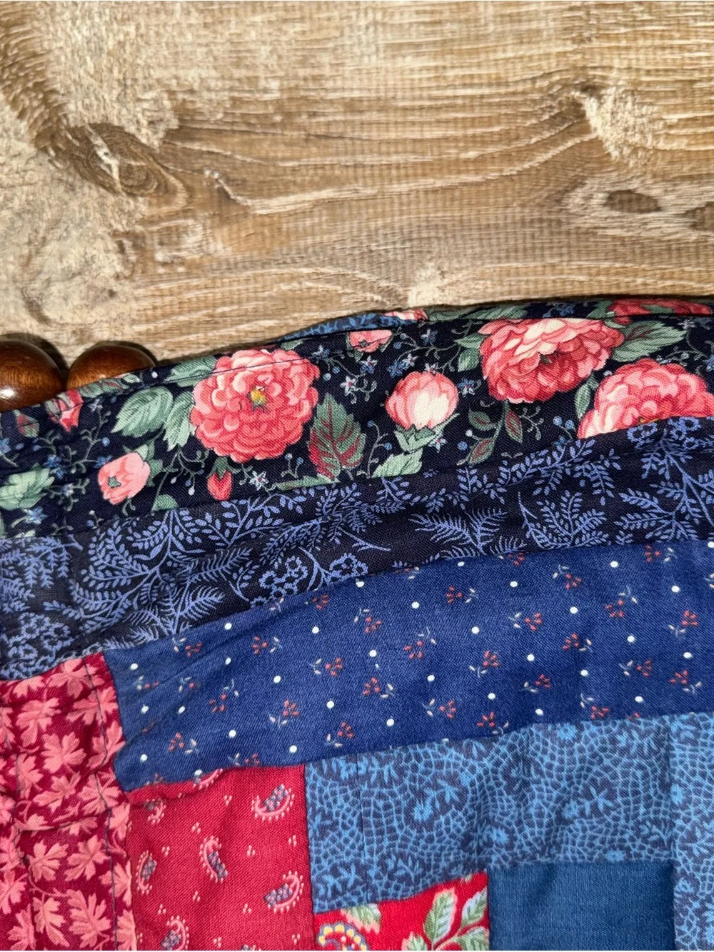 Handmade Quilted Patchwork Tote Bag - Blue and Red
